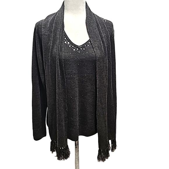 Carolyn Taylor Womens Embellished Long Sleeve V-Neck Gray Sweater w/Scarf Size M - Picture 1 of 11